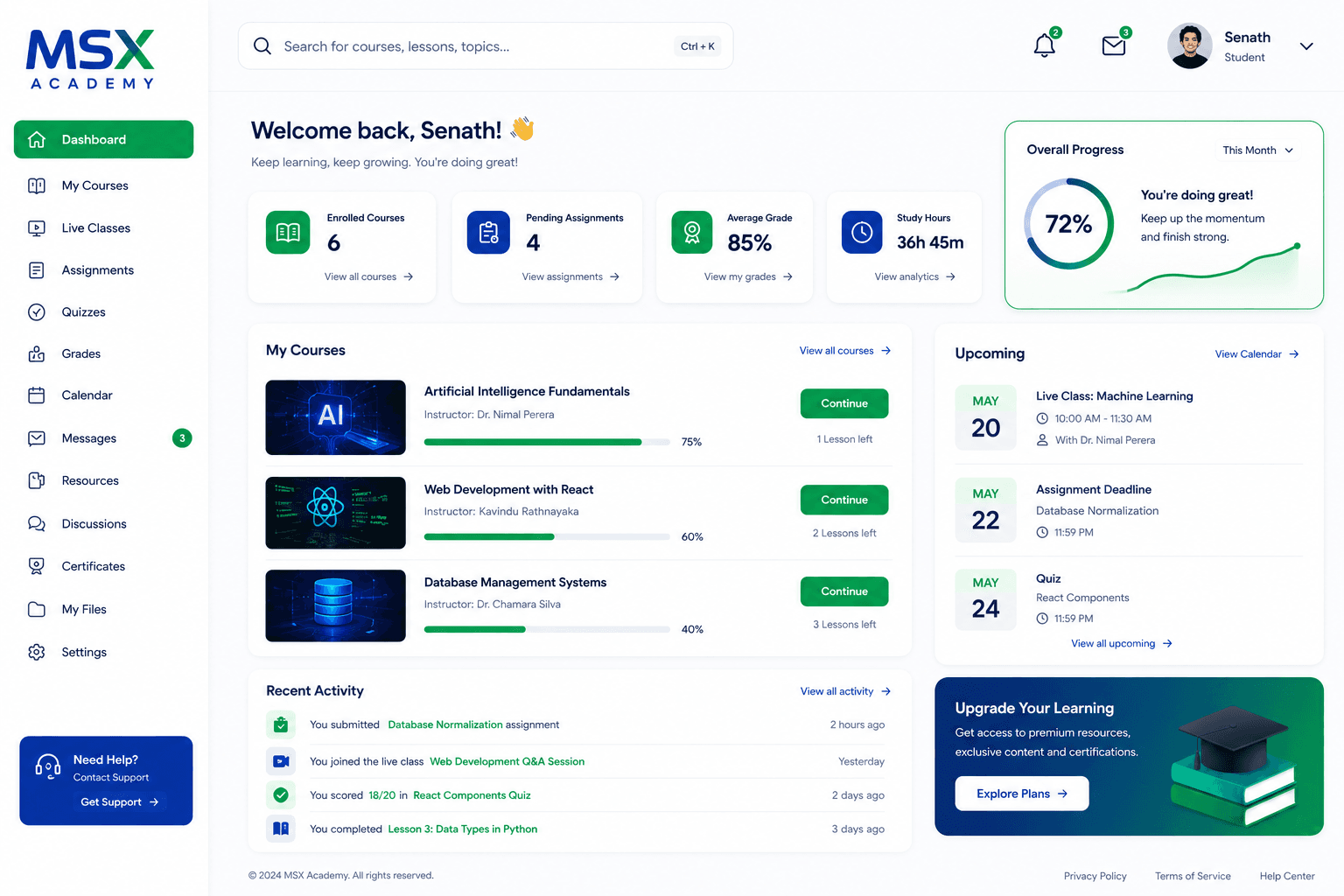 MSX Academy student dashboard